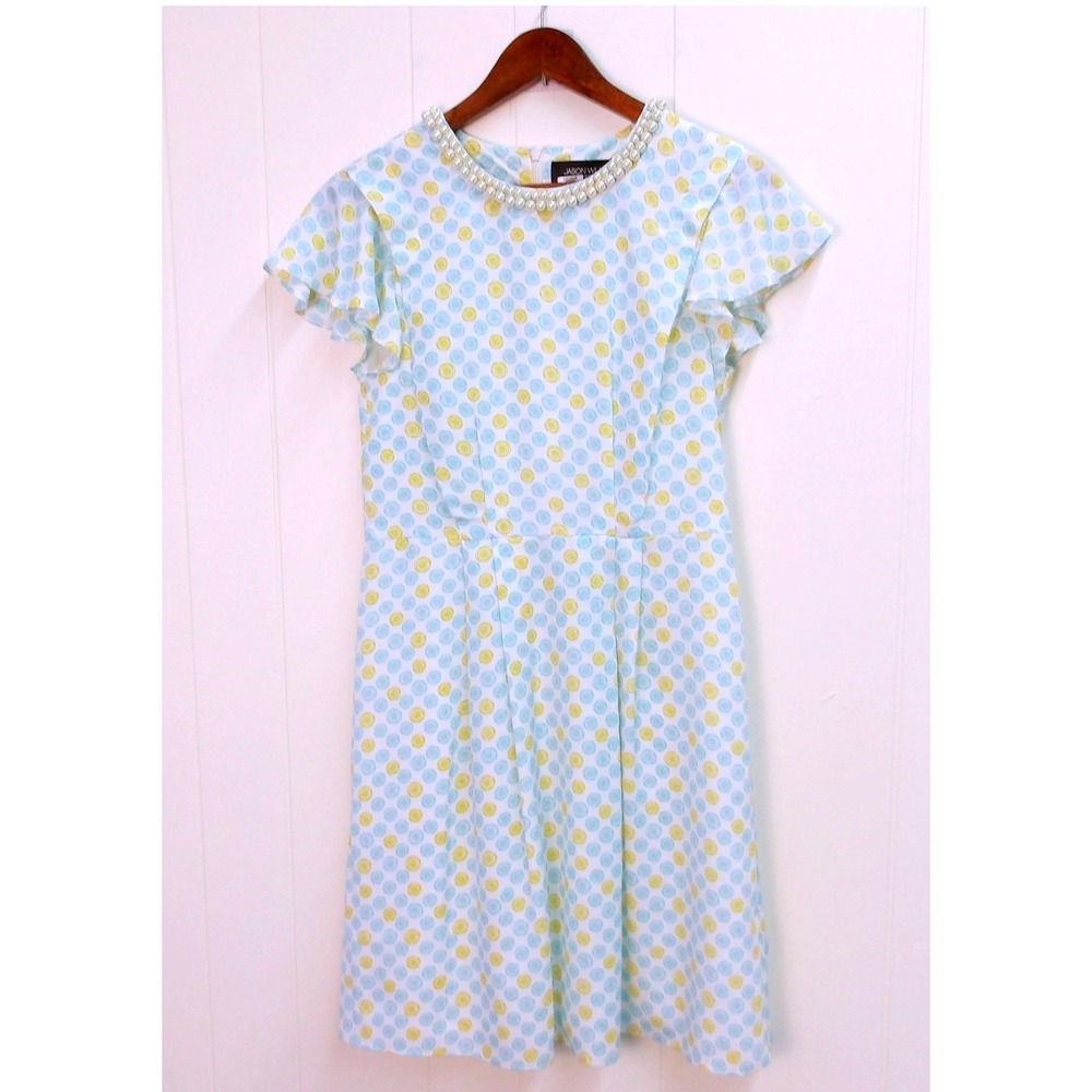 Jason Wu Aqua Blue Yellow Dress Pearl Neckline Ruffle Sleeve Sz‎ 8 / #8022 - Picture 2 of 7